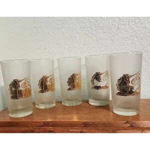 Vtg Culver 22k Gold Unicorn Frosted Glasses Set of 5 MCM Barware Highball